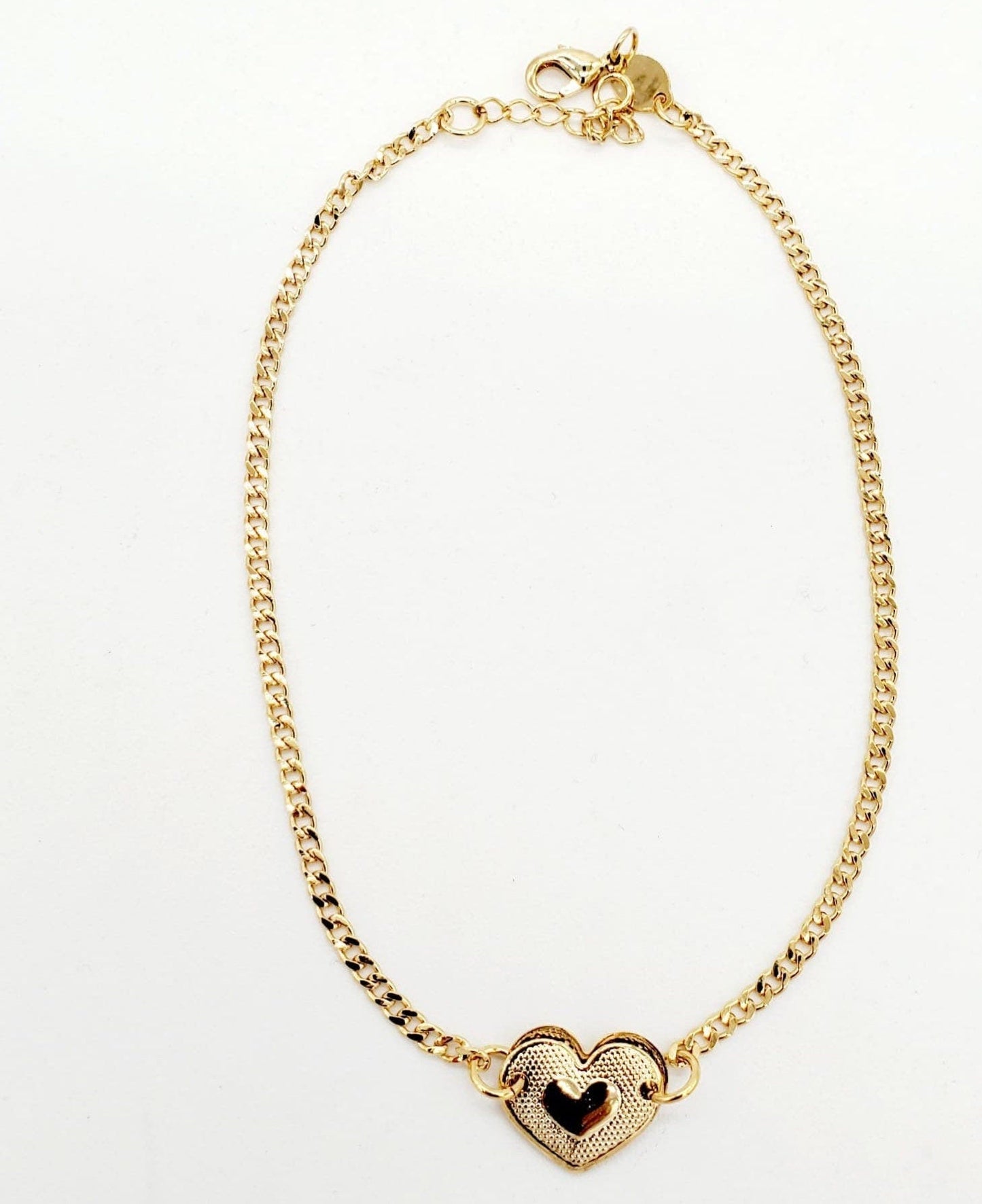 18k Gold Layered Solitaire Cute Puffy Heart Charm Anklet in Curb Chain