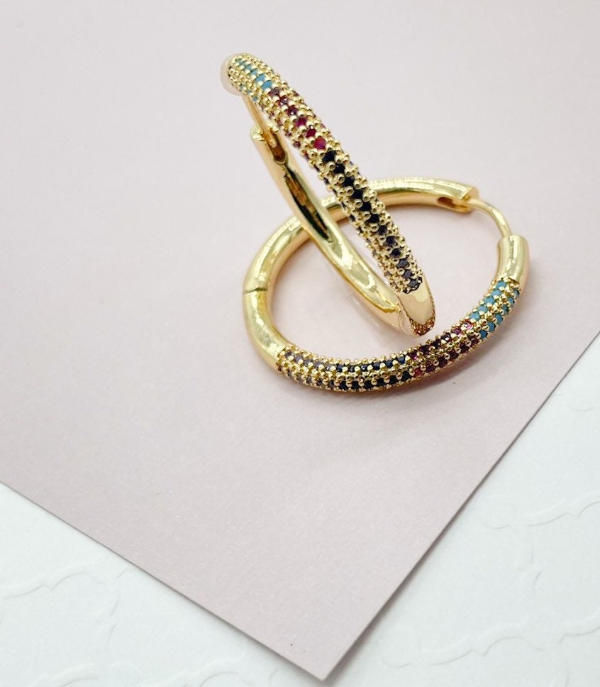 Large Thick 18k Gold Layered Colorful Pave Cubic Zirconia Hoop Earrings 1"