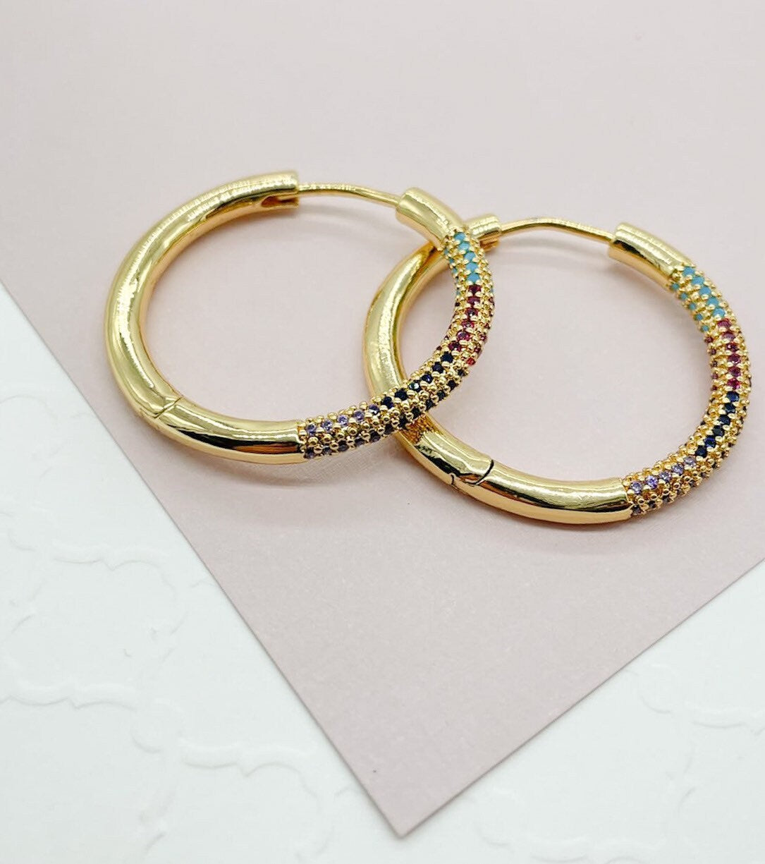 Large Thick 18k Gold Layered Colorful Pave Cubic Zirconia Hoop Earrings 1"