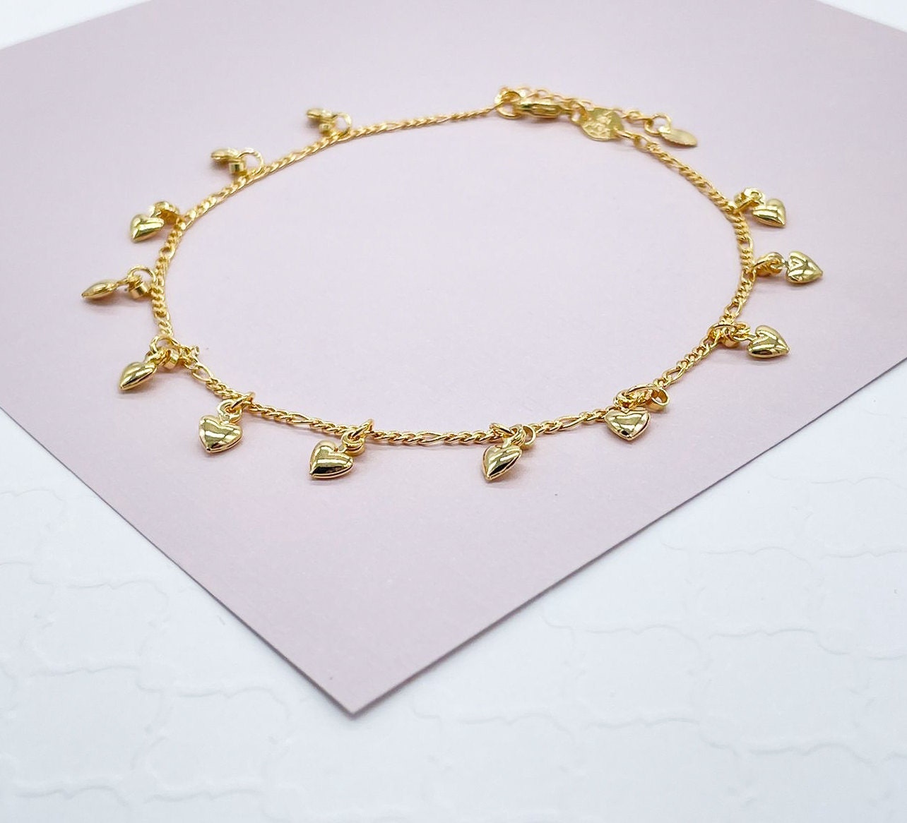 18K Gold Layered Mini Puffy Hearts Charm Anklet For Wholesale And Jewelry