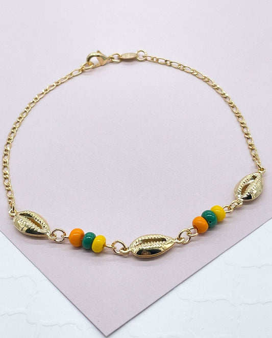 18k Gold Layered Long Short Link Anklet Featuring Colorful Beads and Three Cowrie