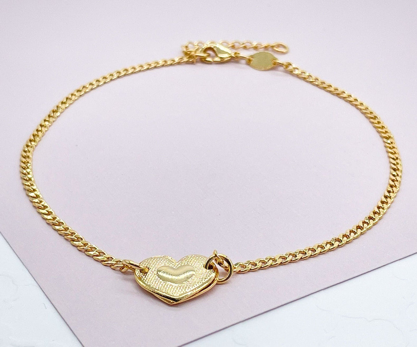 18k Gold Layered Solitaire Cute Puffy Heart Charm Anklet in Curb Chain