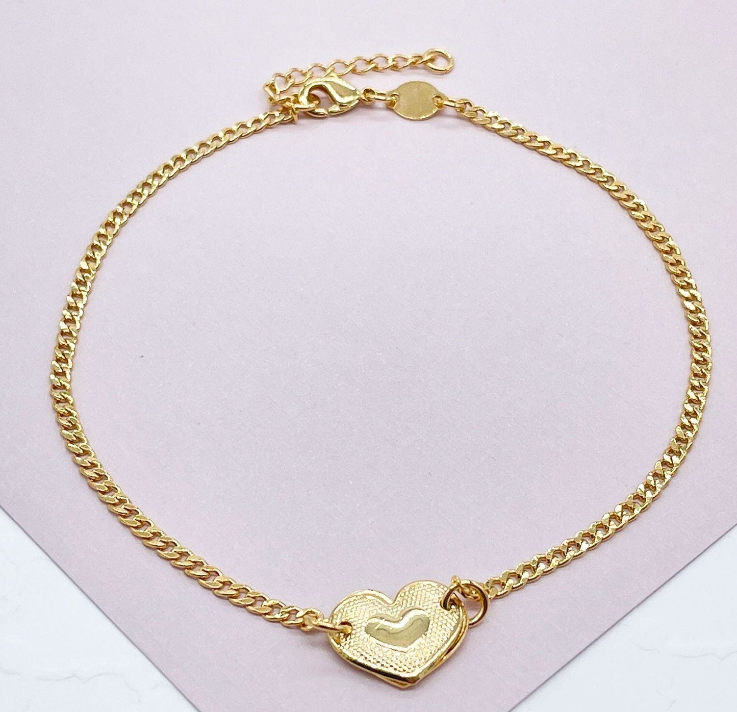 18k Gold Layered Solitaire Cute Puffy Heart Charm Anklet in Curb Chain