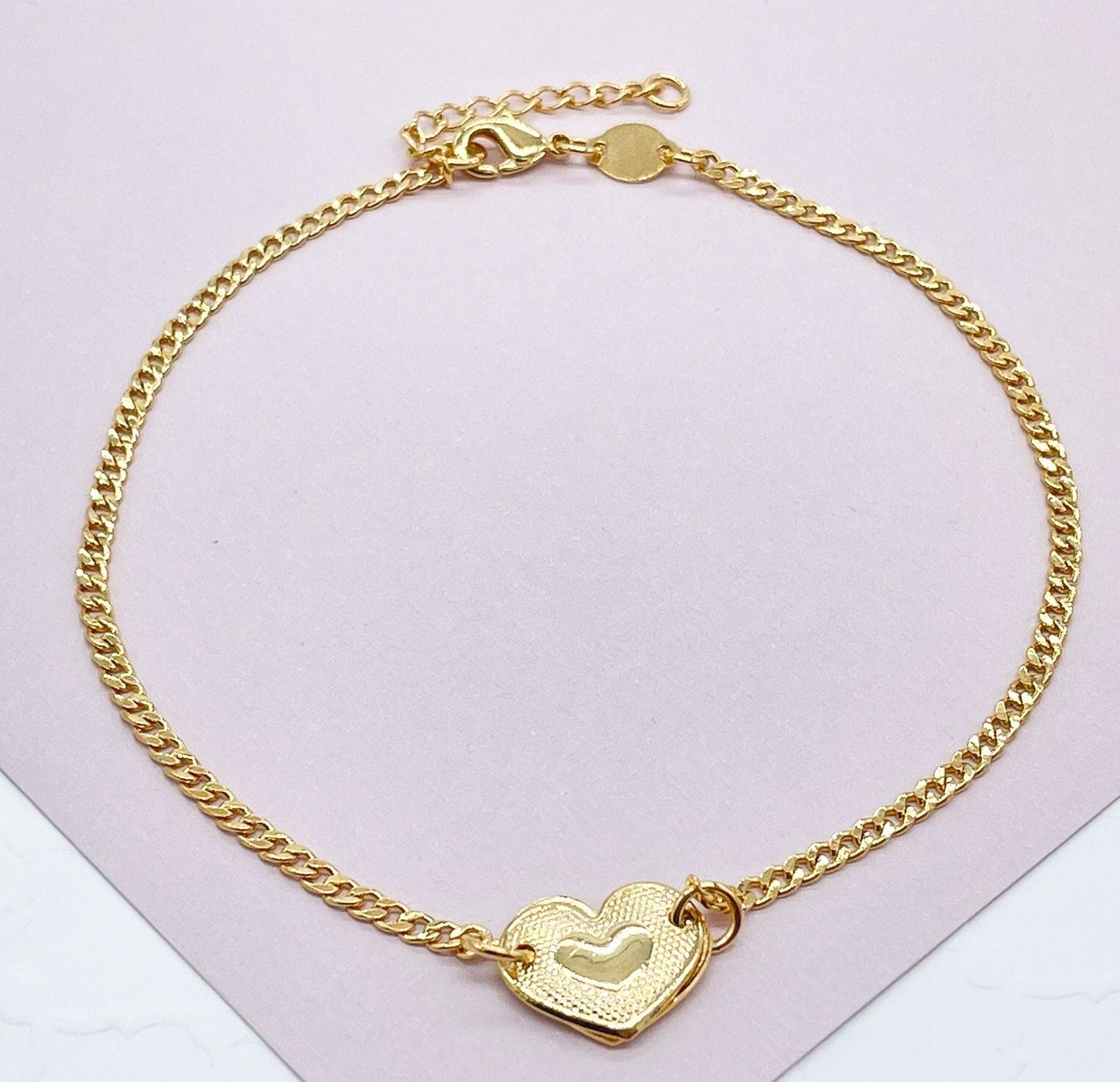 18k Gold Layered Solitaire Cute Puffy Heart Charm Anklet in Curb Chain