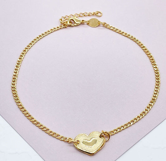18k Gold Filled Solitaire Cute Puffy Heart Charm Anklet in Curb Chain Featuring Little Delicate Heart in The Middle