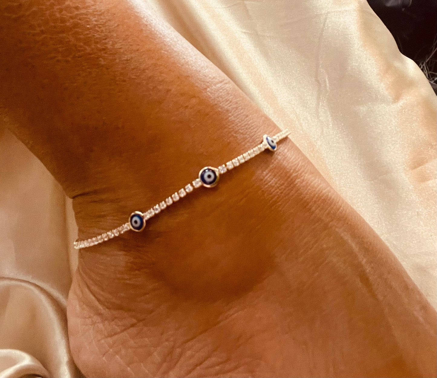 18k Gold Layered Evil Eye Anklet Featuring Cubic Zirconia Chain Wholesale