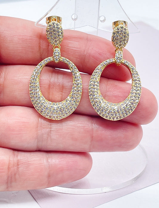 18k Gold Layered Micro Pave Cubic Zirconia Oval Dangling Party Earrings