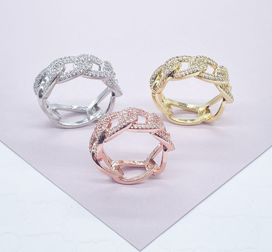 18K Gold Layered Cuban Link Ring Featuring Micro Pave Cubic Zirconia for
