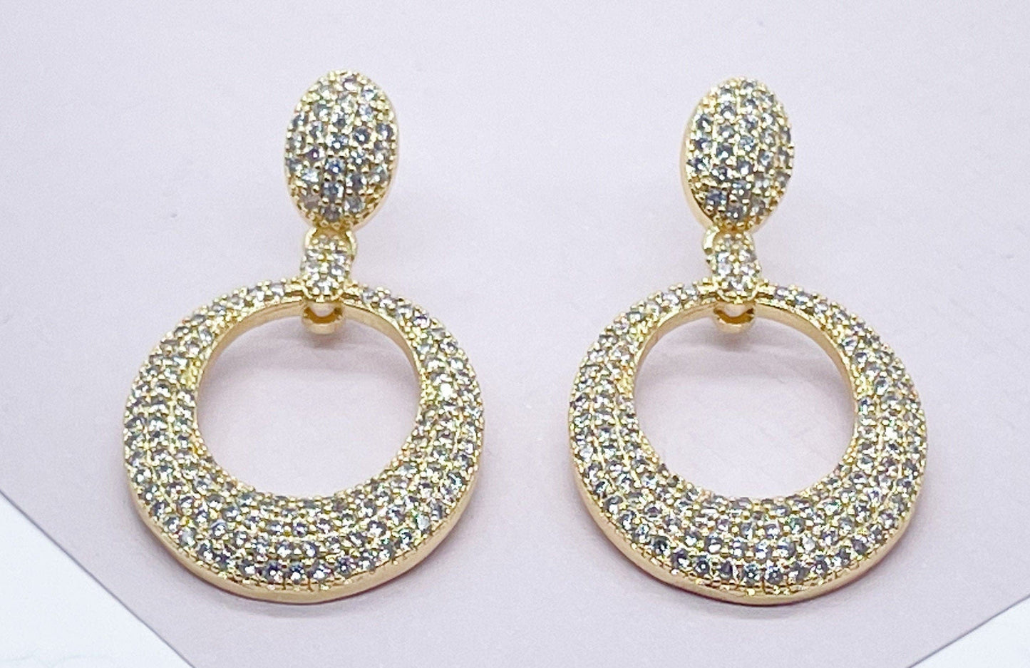 18k Gold Layered Micro Pave Cubic Zirconia Oval Dangling Party Earrings