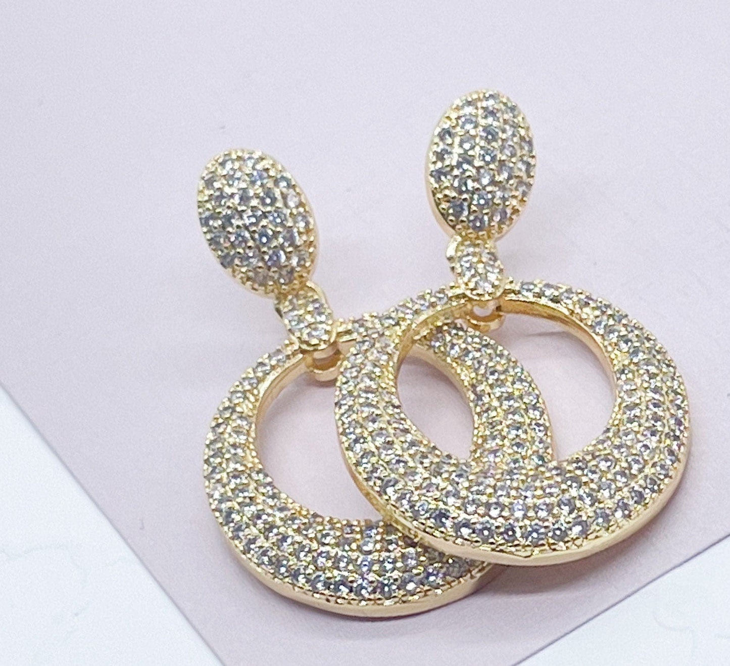 18k Gold Layered Micro Pave Cubic Zirconia Oval Dangling Party Earrings