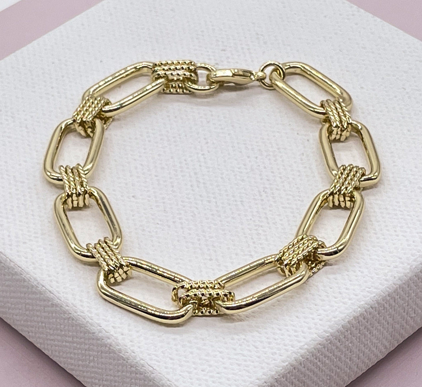 18K Gold Layered Designed Paper Clip Link Bracelet, Designer Women Bracelet, Gold