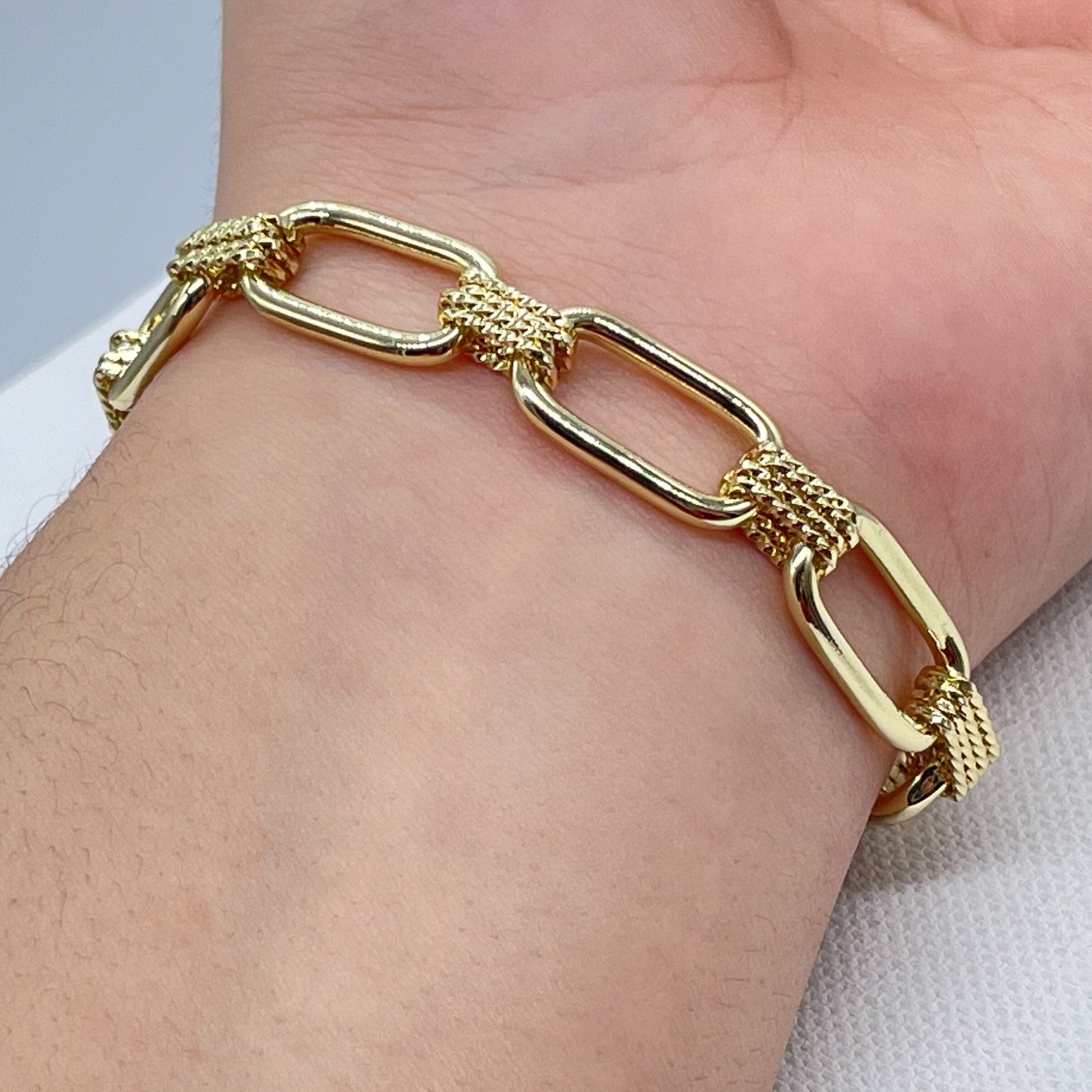 18K Gold Layered Designed Paper Clip Link Bracelet, Designer Women