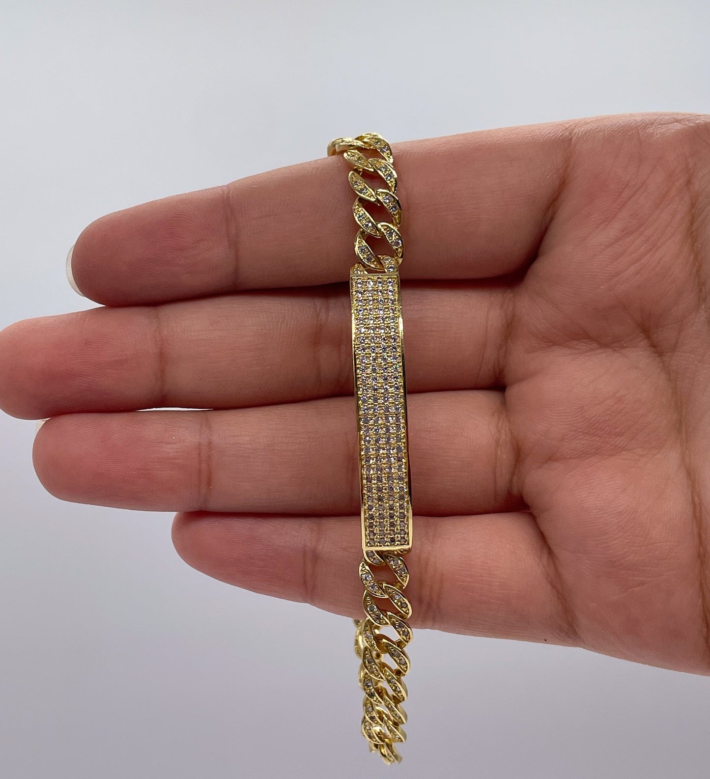 18k Gold Layered Micro Pave Cubic Zirconia Unisex Bar Bracelet Featuring Cuban