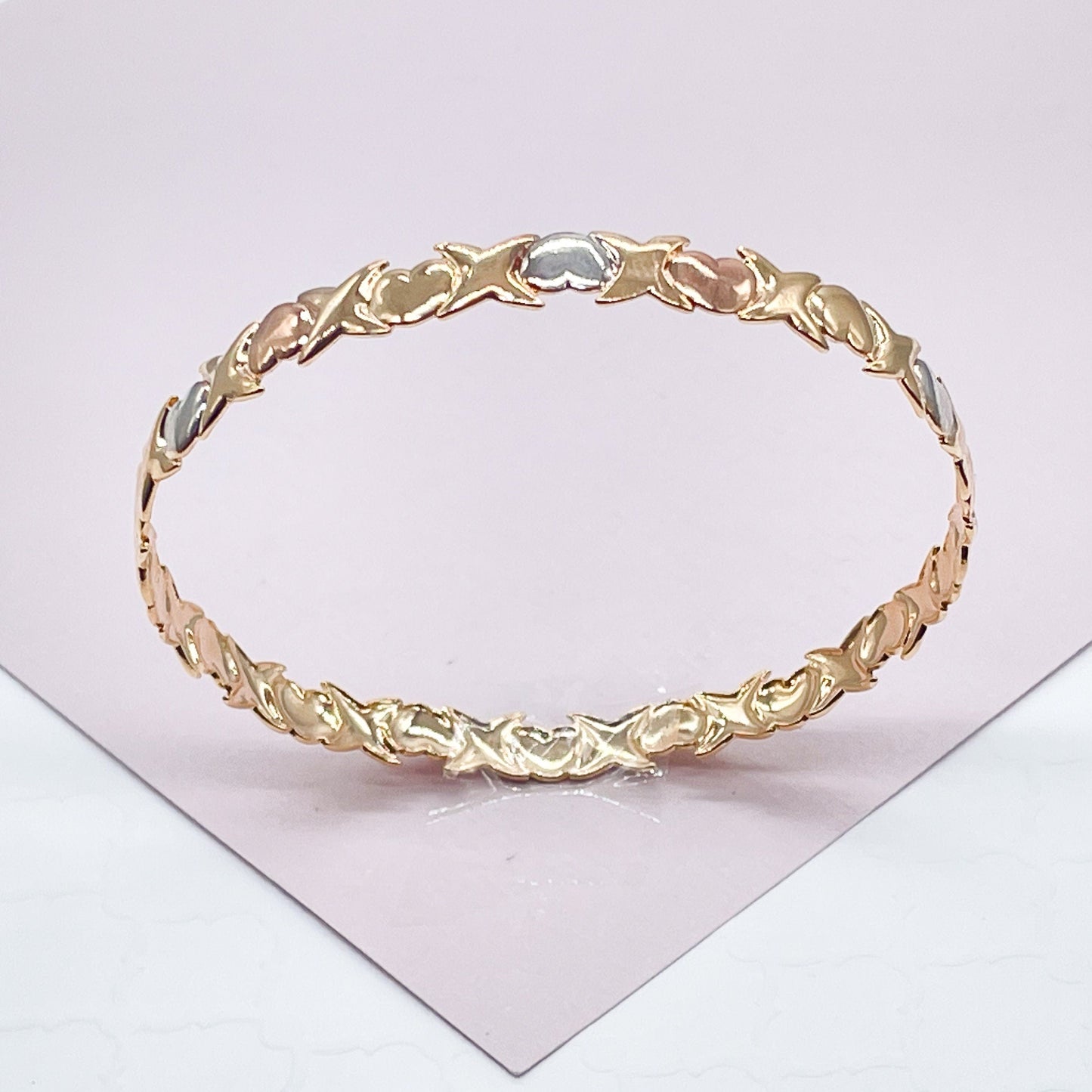 18k Gold Layered Tricolor XOXO Heart Bangle Gold, Silver and Rose Color For