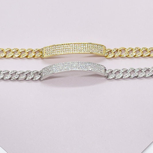 18k Gold Layered Micro Pave Cubic Zirconia Unisex Bar Bracelet Featuring Cuban