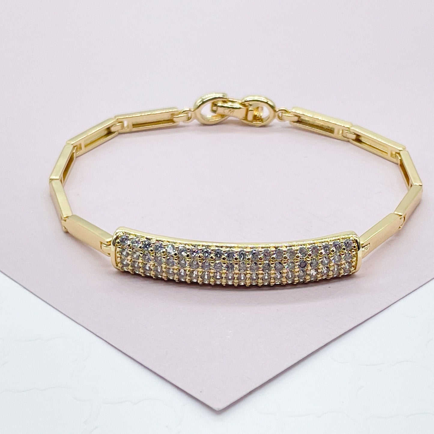 18k Gold Filled Micro Pave Cubic Zirconia Bar Bracelet in Gold or Silver, ID Fancy Bracelet  Her