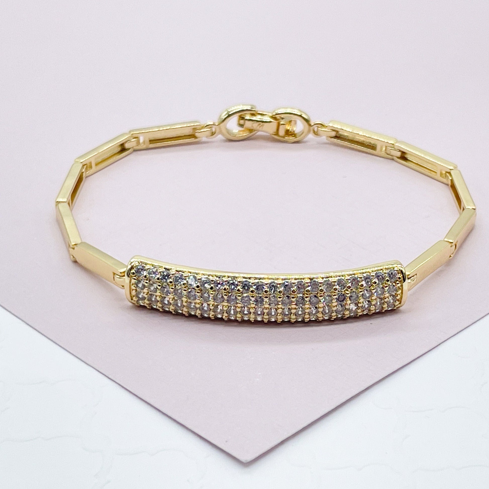 18k Gold Filled Micro Pave Cubic Zirconia Bar Bracelet in Gold or Silver, ID Fancy Bracelet  Her