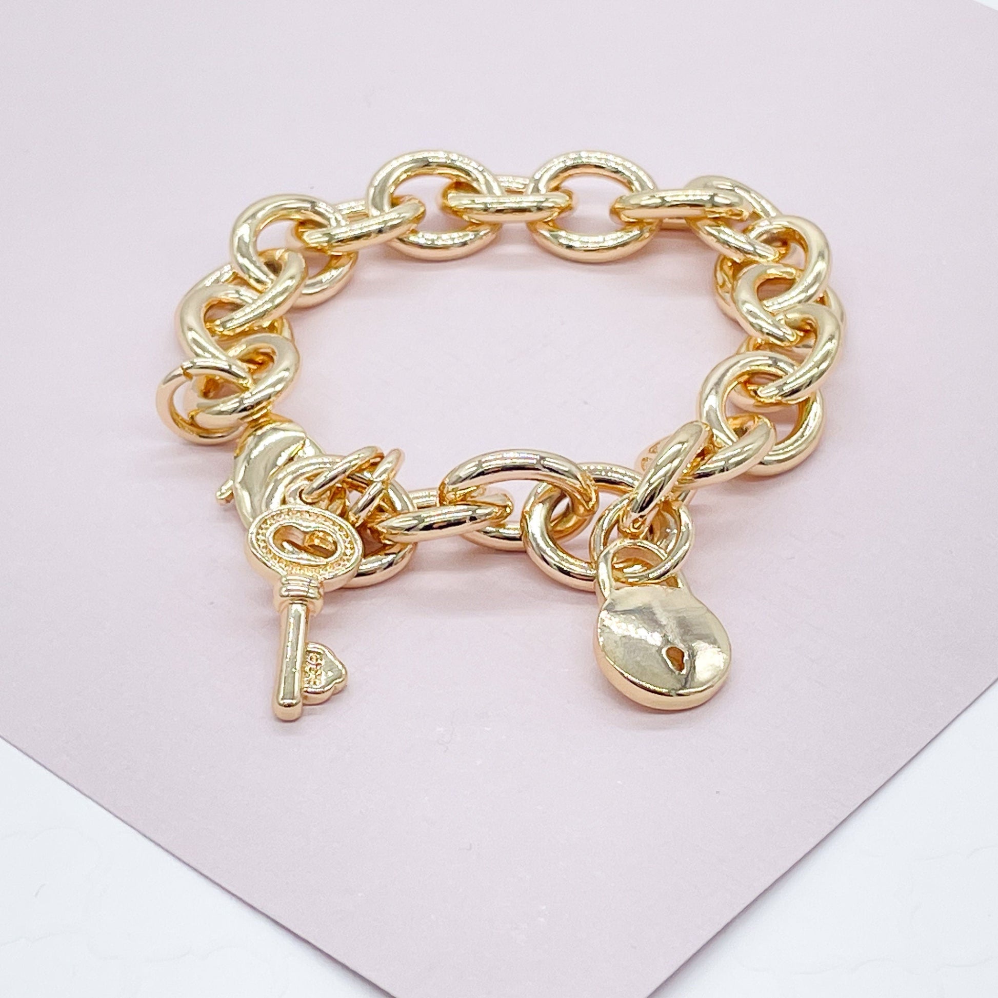 Gold Padlock and Keys Charm Bracelet