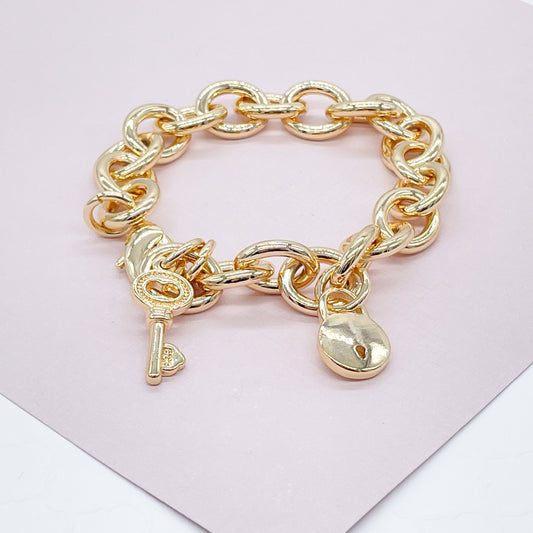 Chunky 18k Gold Layered Lock Heart And Key Bracelet Available in Gold, Rose