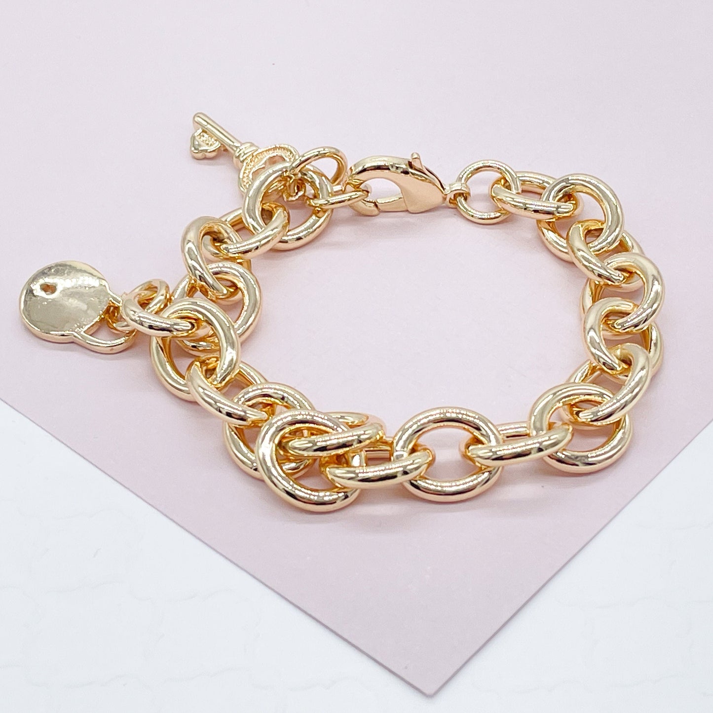 Chunky 18k Gold Filled Lock Heart And Key Bracelet Available in Gold, Rose Gold and Silver Featuring Thick Link Chain