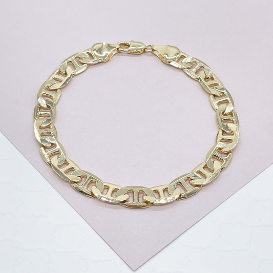 18k Gold Layered Mariner Flat Style link Bracelet In 9mm Width