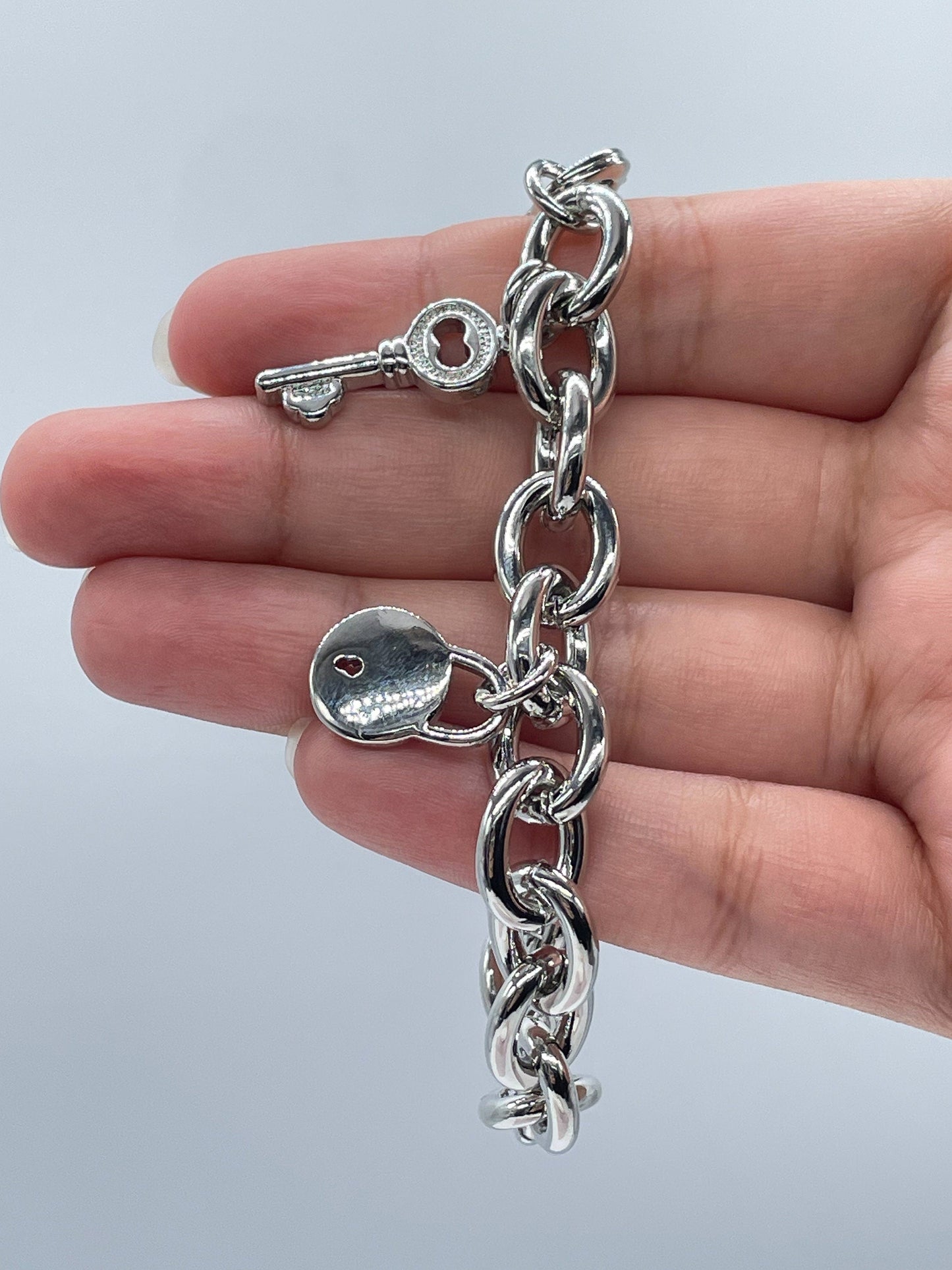 Chunky 18k Gold Layered Lock Heart And Key Bracelet Available in Gold, Rose