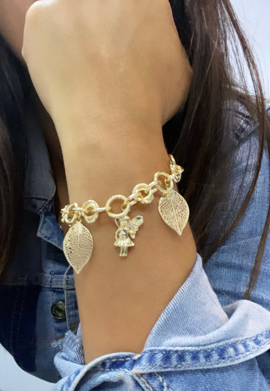18k Gold Layered Large Link Bracelet Featuring Hanging Boy and Girl In Zirconia