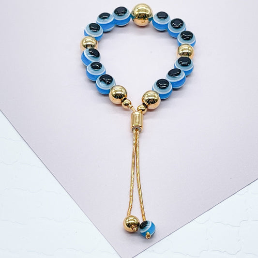 18k Gold Layered Glass Bead Ball Evil Eye Bracelet Featuring Gold Ball Bead on