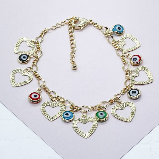 18k Gold Layered Charm Bracelet Featuring Seven Hearts and Seven Colorful Evil