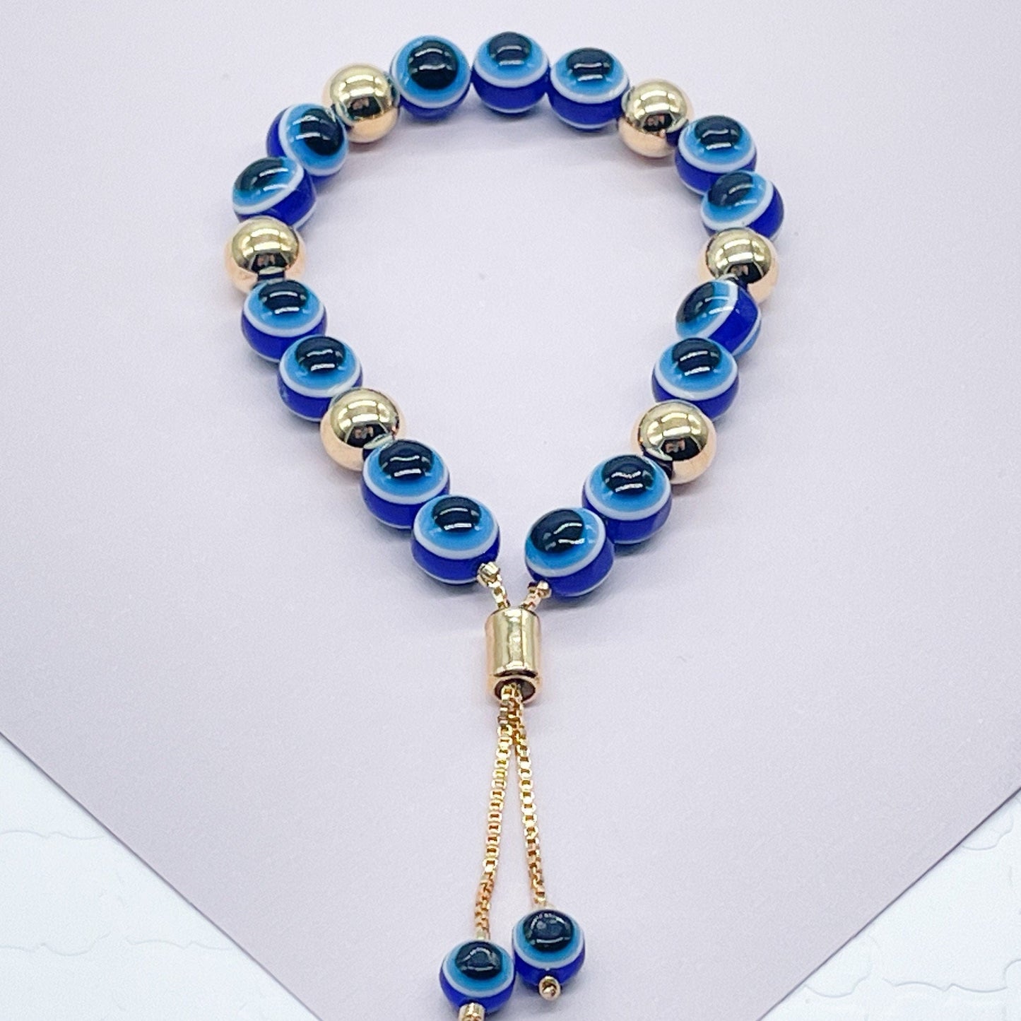 18k Gold Layered Glass Bead Ball Evil Eye Bracelet Featuring Gold Ball Bead on