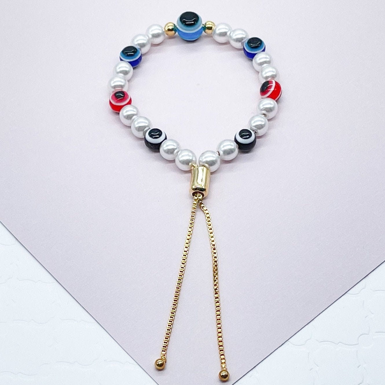 18k Gold Layered Evil Eye & Pearl Adjustable Bracelet Featuring Slide Clasp