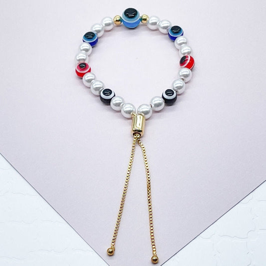 18k Gold Layered Evil Eye & Pearl Adjustable Bracelet Featuring Slide Clasp