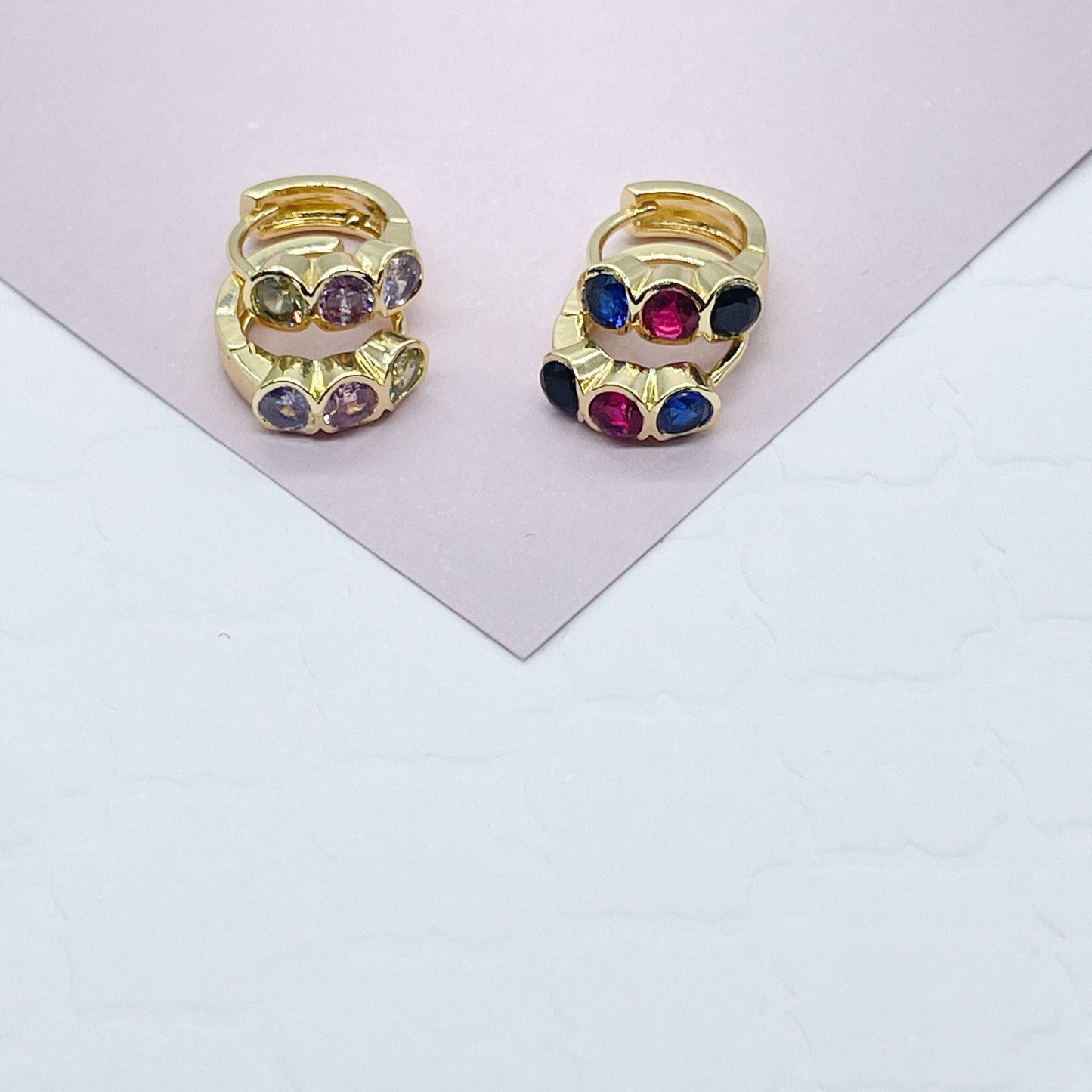 18k Gold Layered Three Stones Huggie Earrings Hypoallergenic Jewelry Wholesale