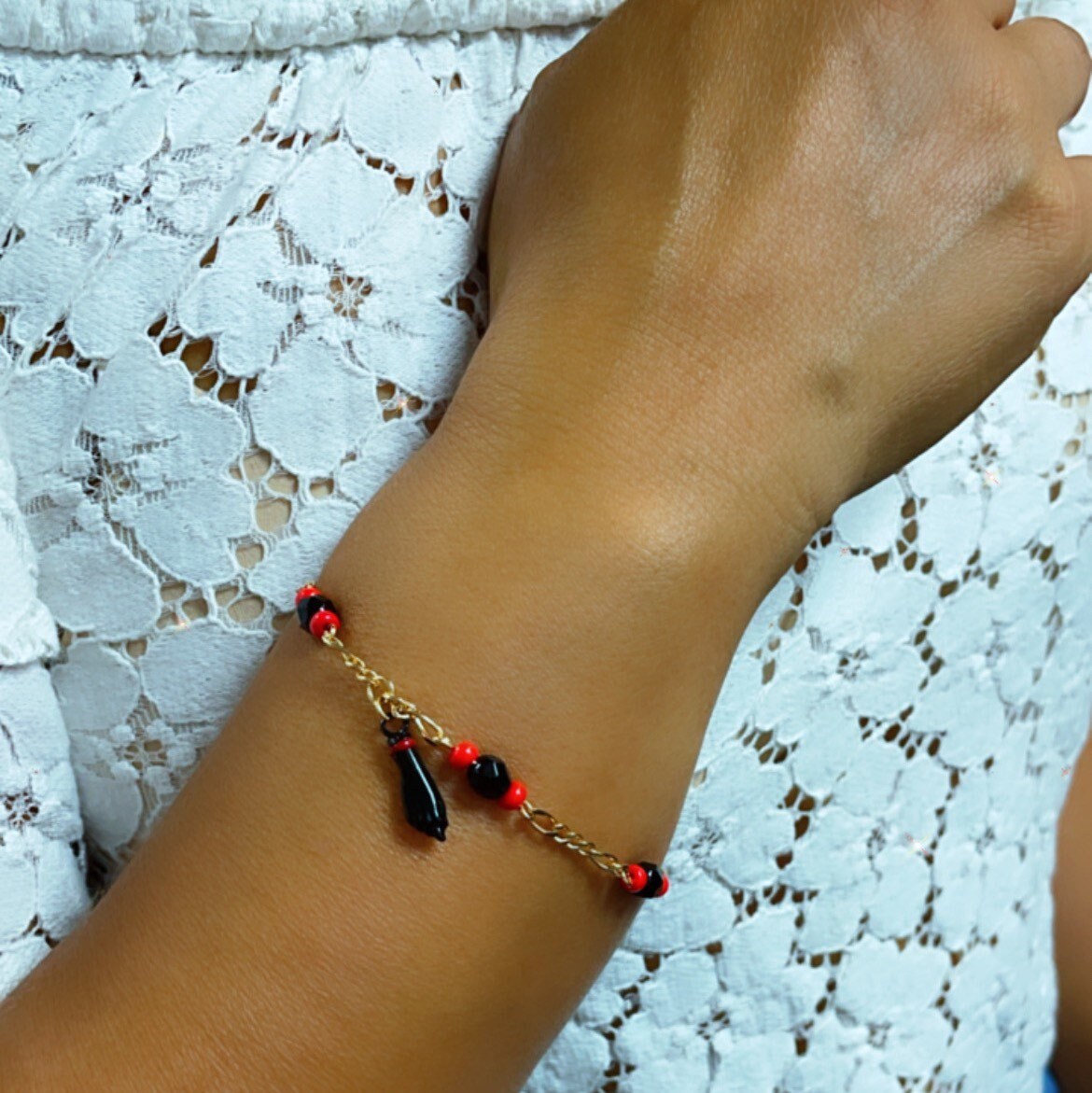 18k Gold Layered Luck Protection Black "Figa" Hand, Azabache Stone Bracelet, Mano