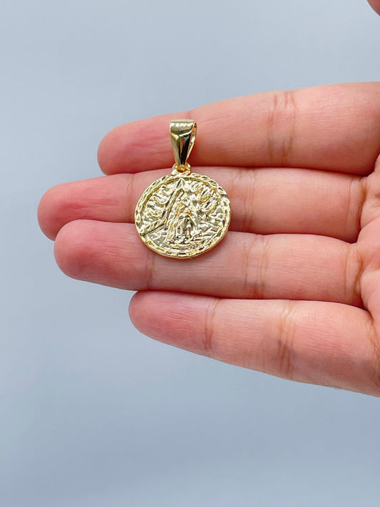 18k Gold Layered 15mm Our Lady of Charity Coin Pendant Catholic Gift Caridad