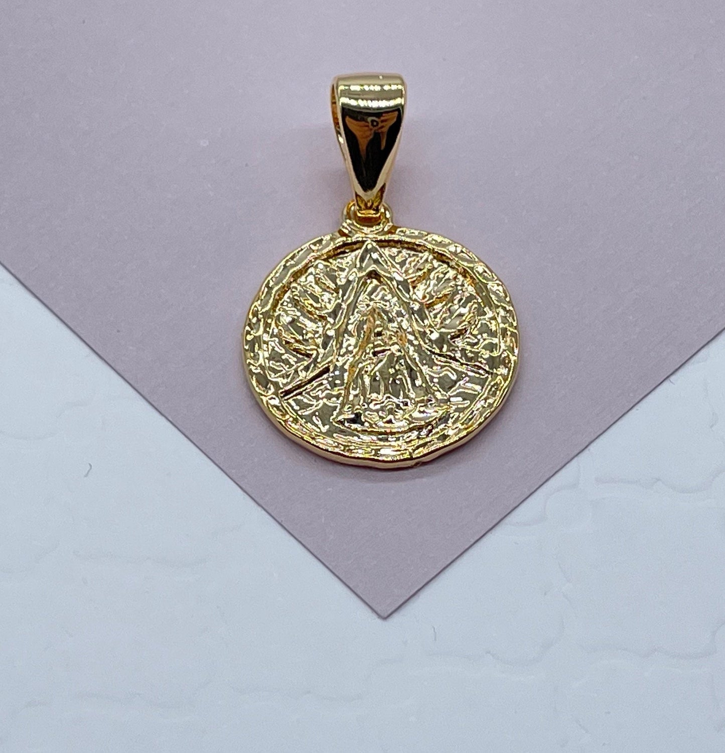 18k Gold Layered 15mm Our Lady of Charity Coin Pendant Catholic Gift Caridad