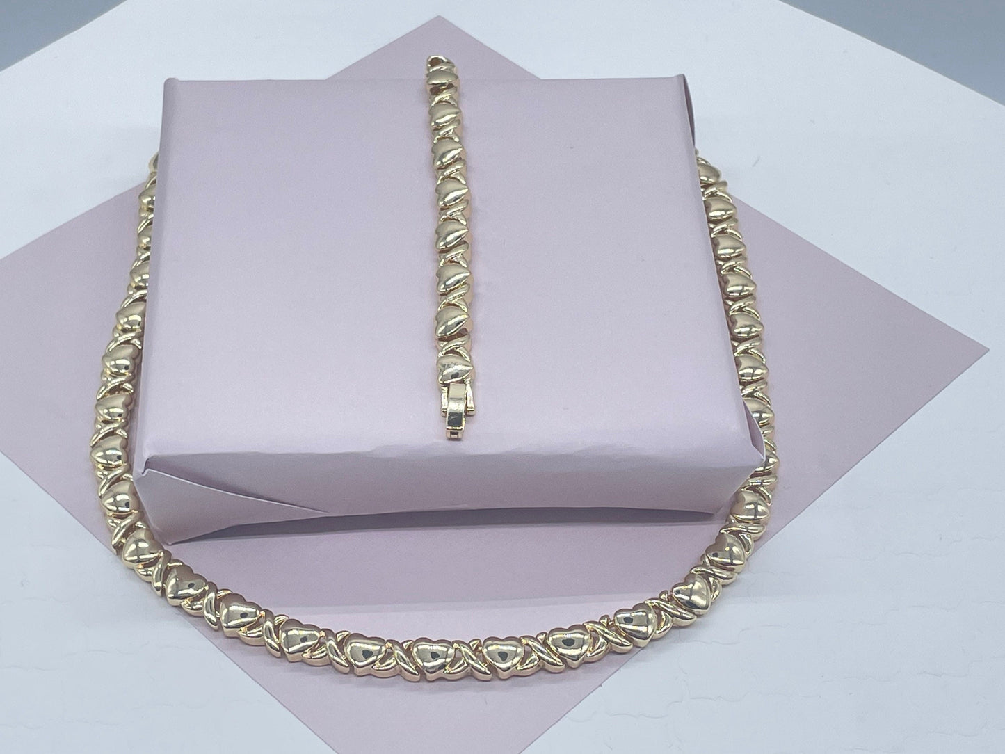 18k Gold Layered Heart Shape XOXO Set of Bracelet and Necklace Available in Gold,