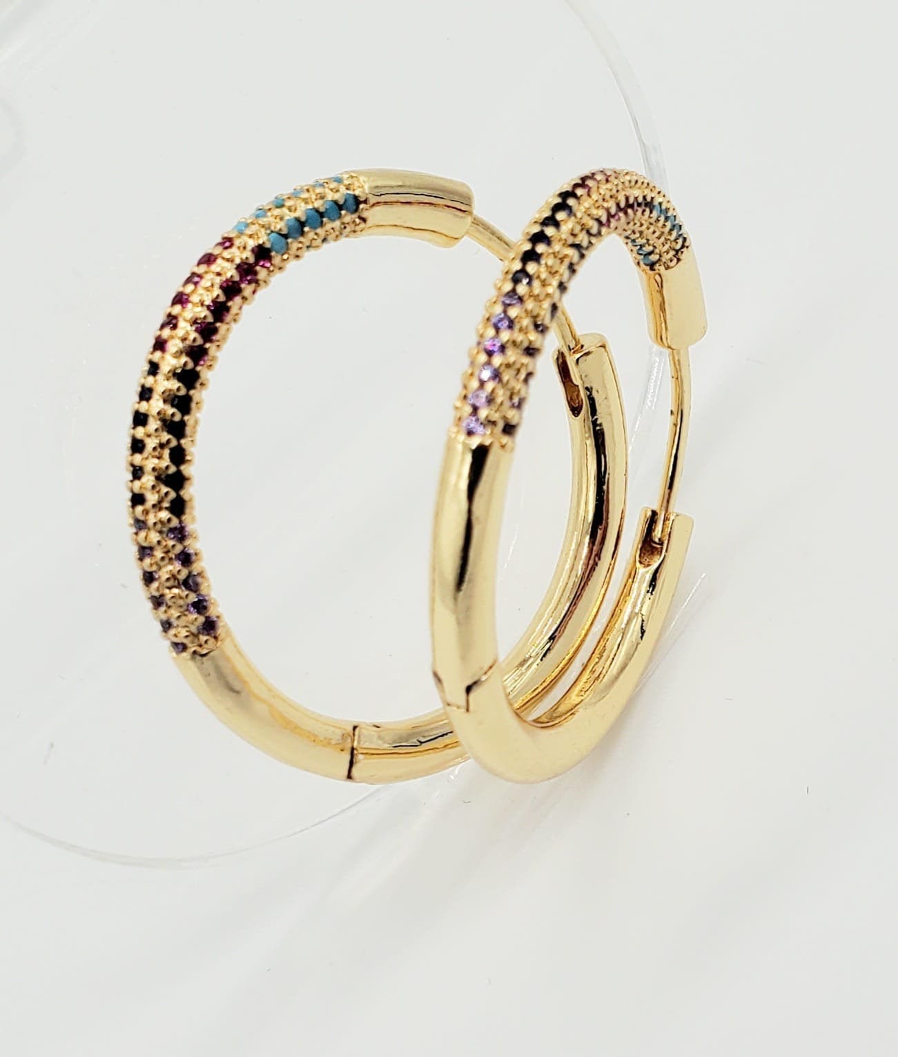 Large Thick 18k Gold Layered Colorful Pave Cubic Zirconia Hoop Earrings 1"