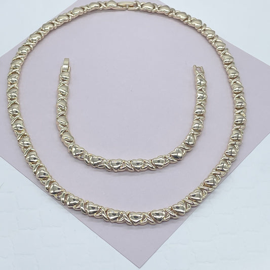 18k Gold Filled Heart Shape XOXO Set of Bracelet and Necklace Available in Gold, Silver or Tricolor - Gold, Rose Gold and Silver