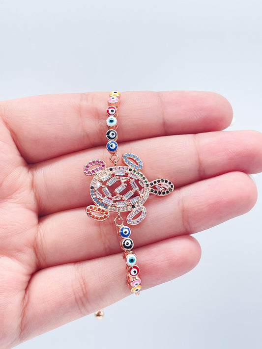 18k Gold Filled Adjustable Multicolor Cubic Zirconia Turtle Bracelet Featuring Colorful Evil Eyes Connected in a Slide Clasp Bracelet