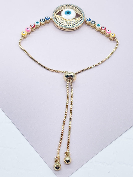 18k Gold Filled Adjustable Slide Clasp Greek Eye Bracelet Featuring Cubic