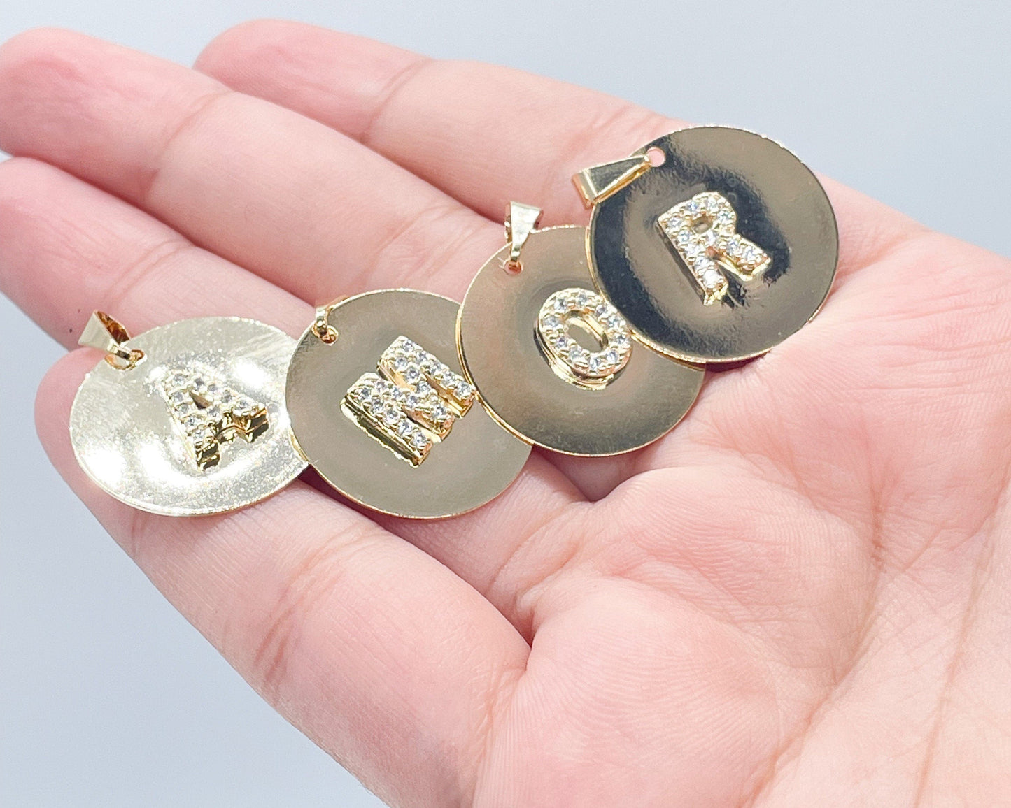 18k Gold Layered Round Initial Charm with Micro Pave Zirconia Letters For