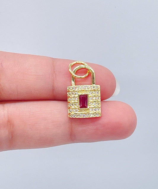 18k Gold Layered Lock Charm with Micro Pave Cubic Zirconia Featuring Dainty