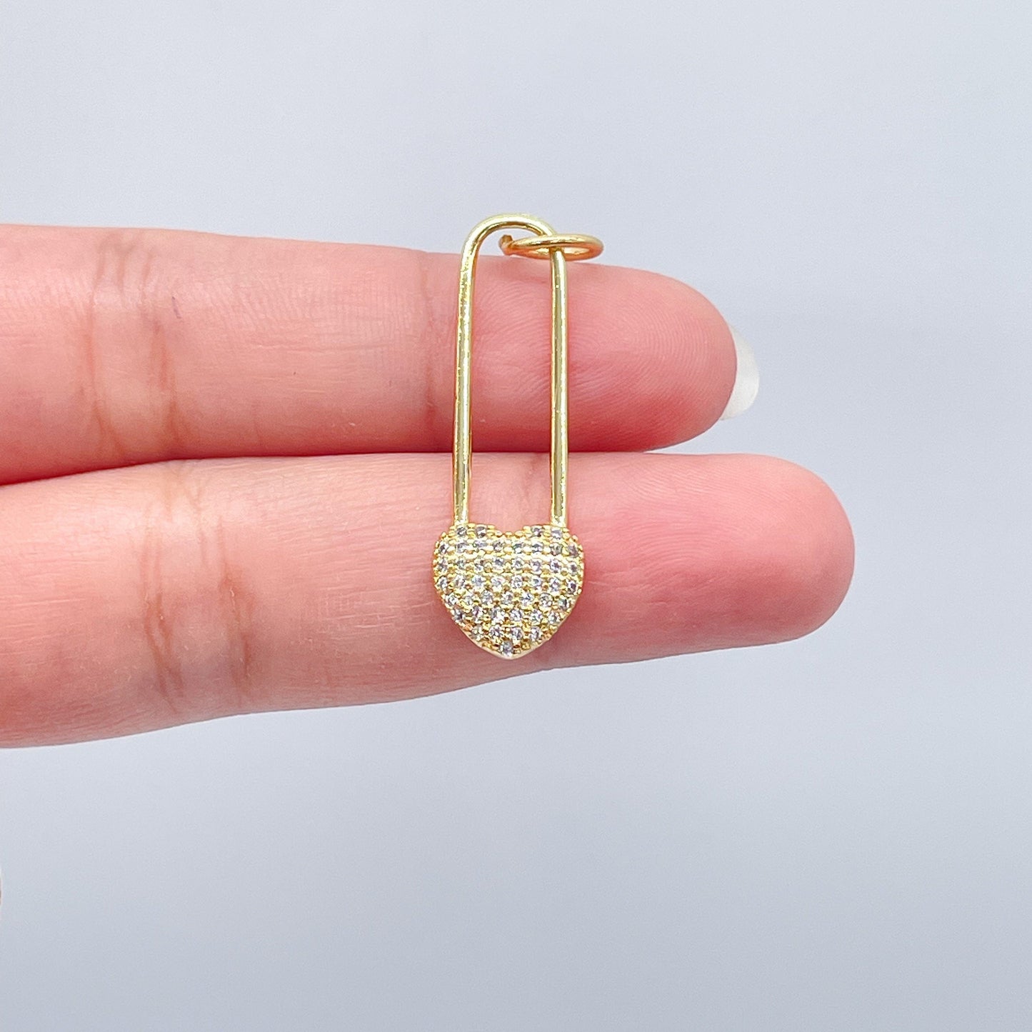 18k Gold Layered Heart Safety Pin Charm In Micro Pave Cubic Zirconia For
