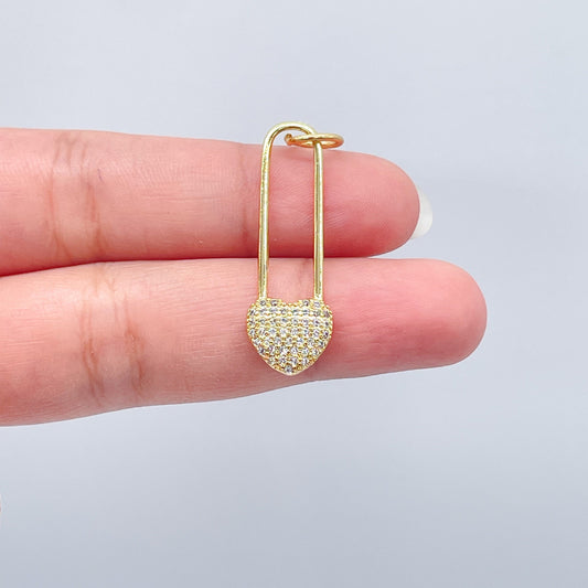 18k Gold Layered Heart Safety Pin Charm In Micro Pave Cubic Zirconia For