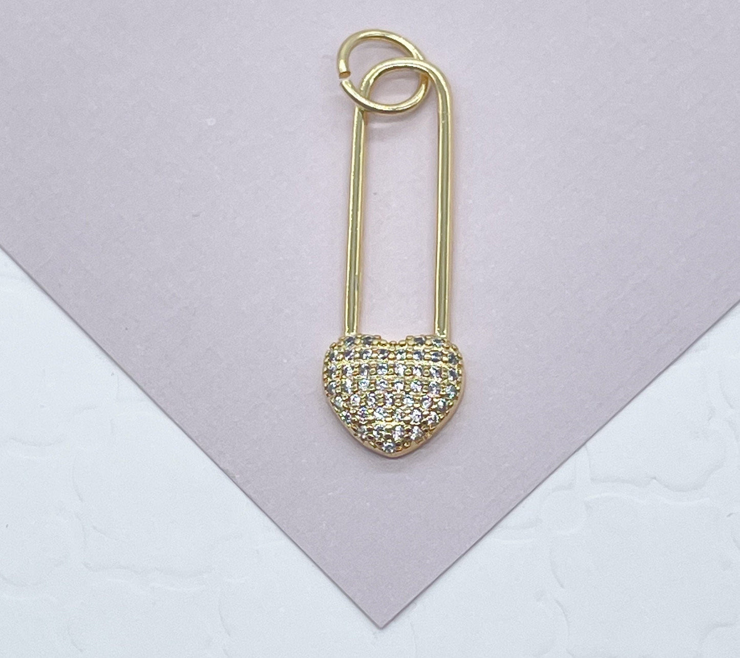 18k Gold Layered Heart Safety Pin Charm In Micro Pave Cubic Zirconia For