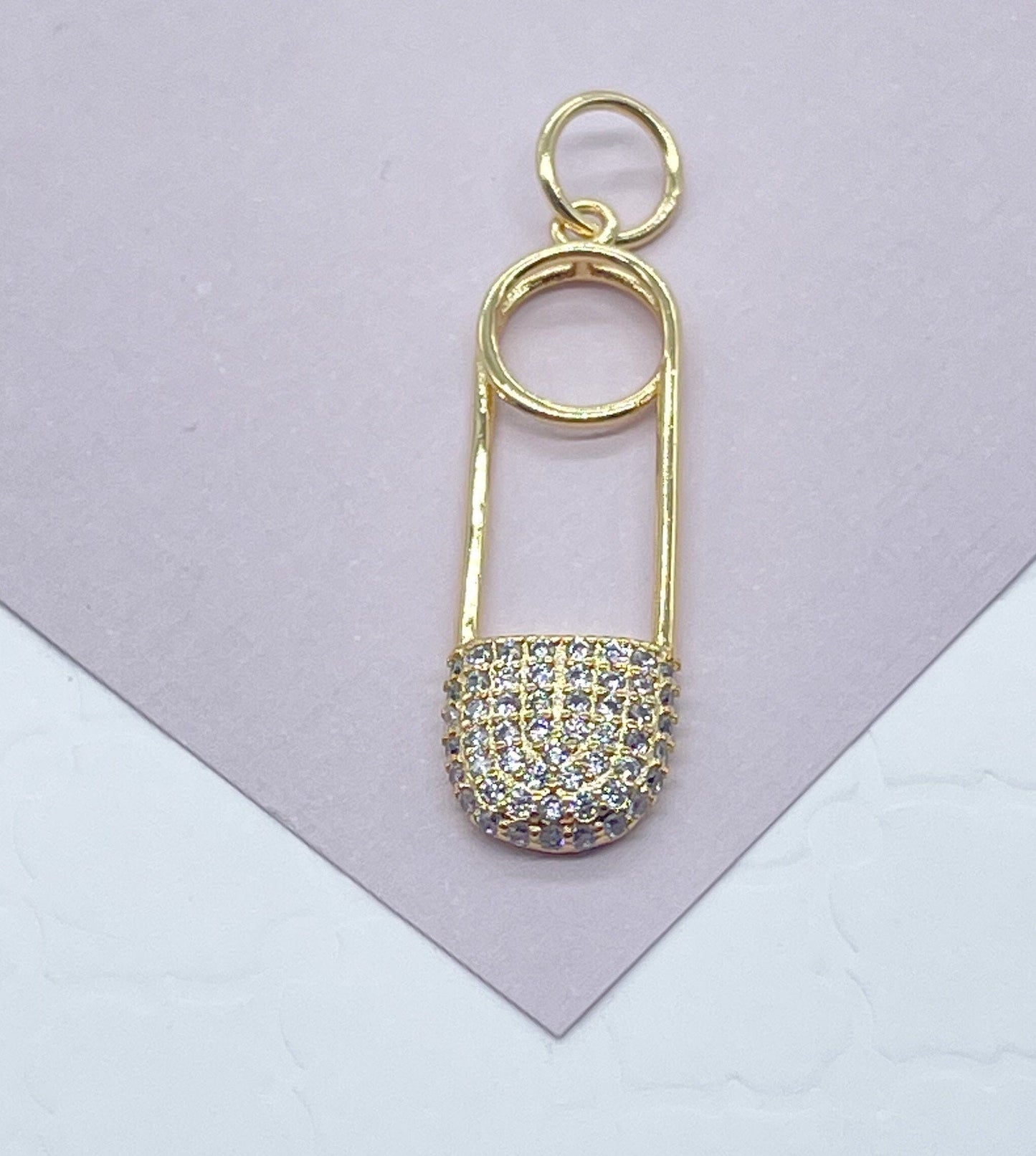 18k Gold Layered Designed Safety Pin Charm Featuring Cubic Zirconia In Micro Pave
