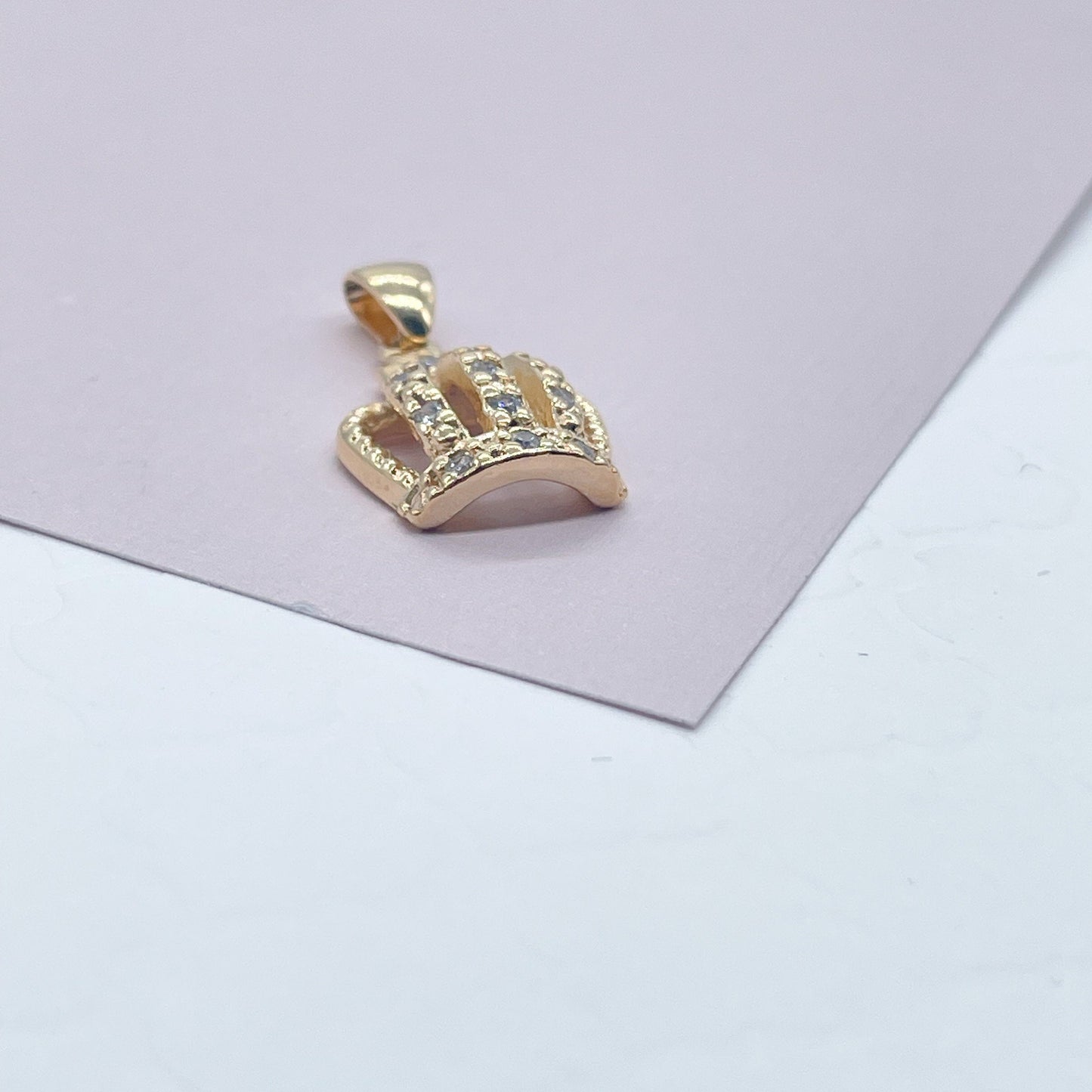 18k Gold Layered Dainty King's Crown Charm In Micro Pave Settings For Wholesale