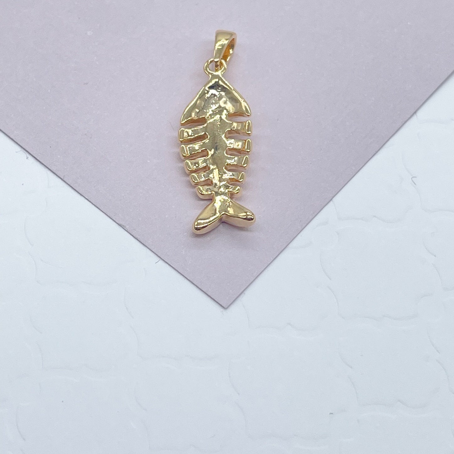 18k Gold Layered Dainty Fishbone Charm Marine Life Ocean Theme Fisher Jewelry For