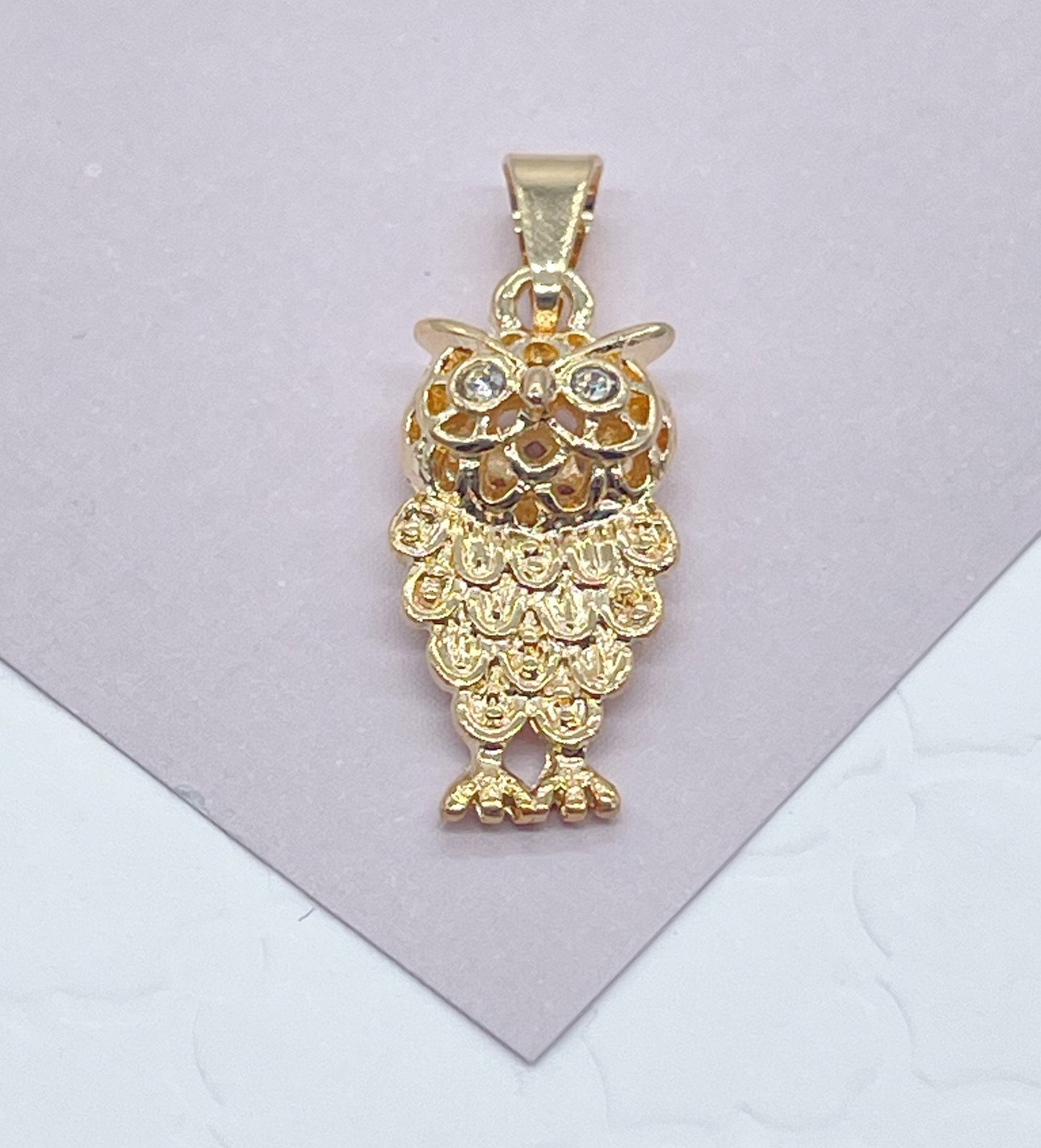 18k Gold Layered Owl Charm Featuring Cubic Zirconia Eyes For Wholesale And